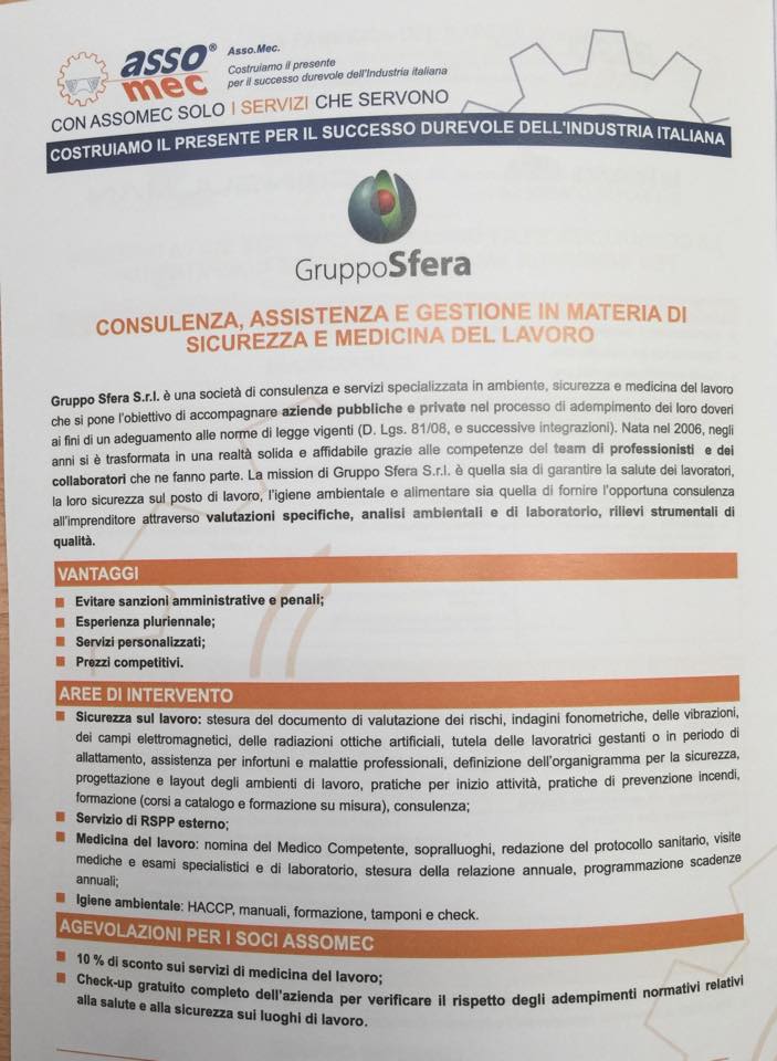 La scheda di GruppoSfera sulla brochure di Asso.Mec.